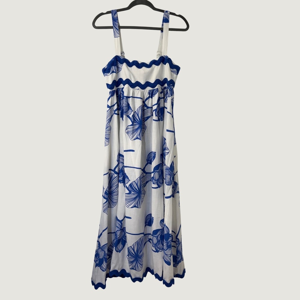 White Closet Maxi Dress Ric Rac Floral M White Blue Women Summer Coastal Linen